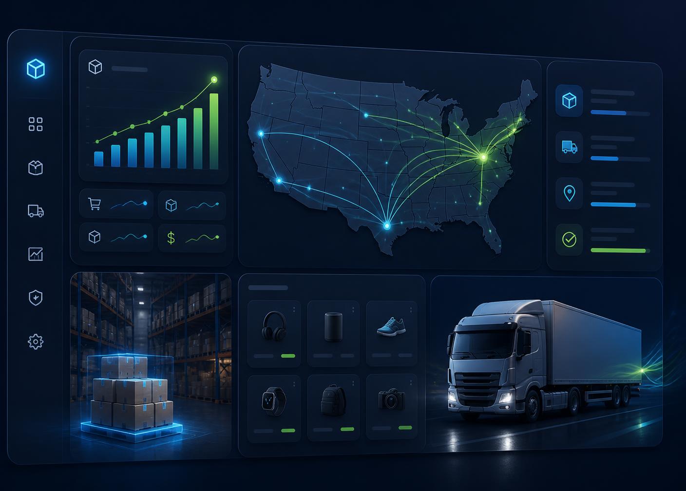 Sabbir Outlet warehouse dashboard showing US shipping routes, live order analytics, and same-day fulfillment